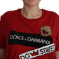 Red Cotton Round Neck Tee with Crown Print