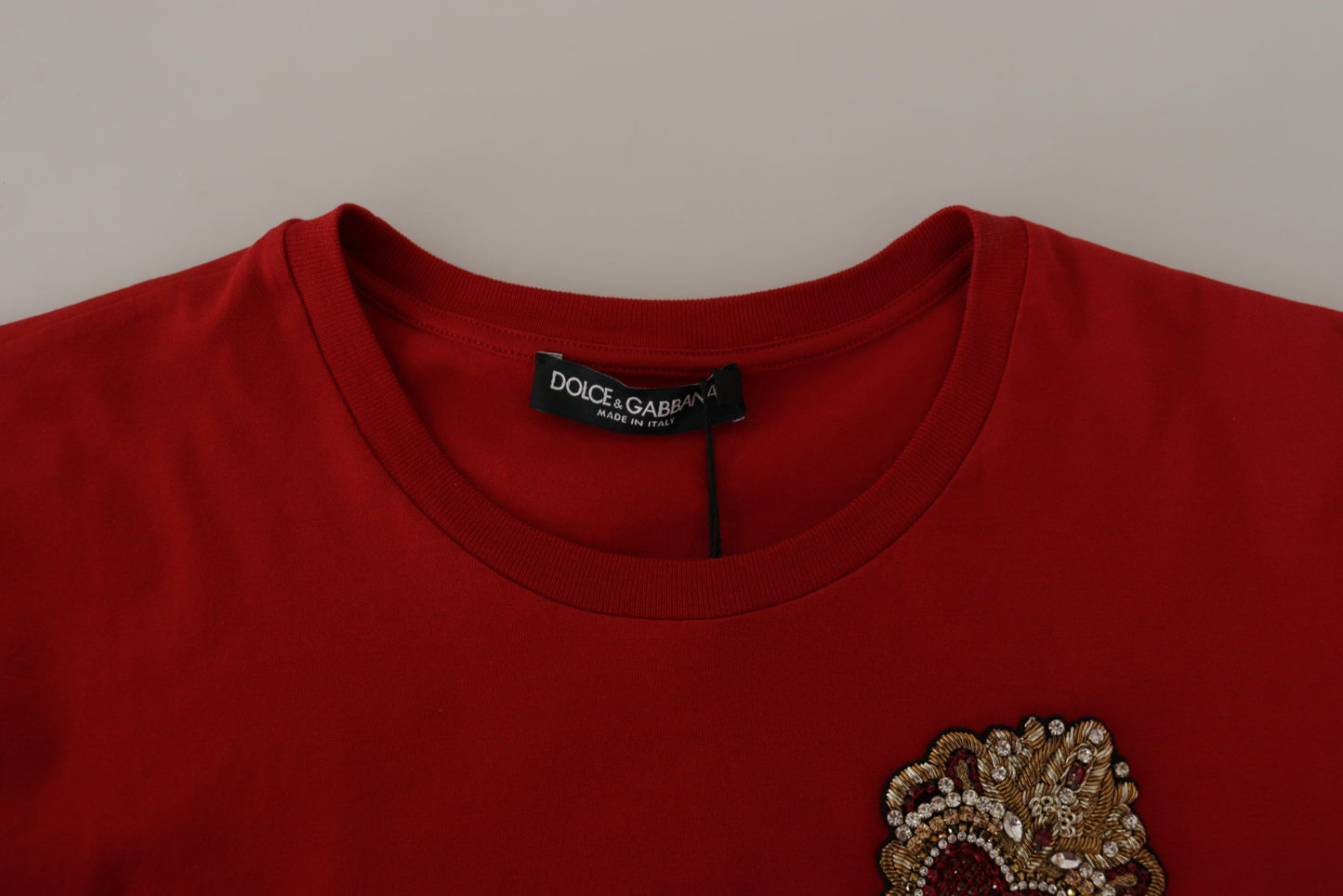 Red Cotton Round Neck Tee with Crown Print