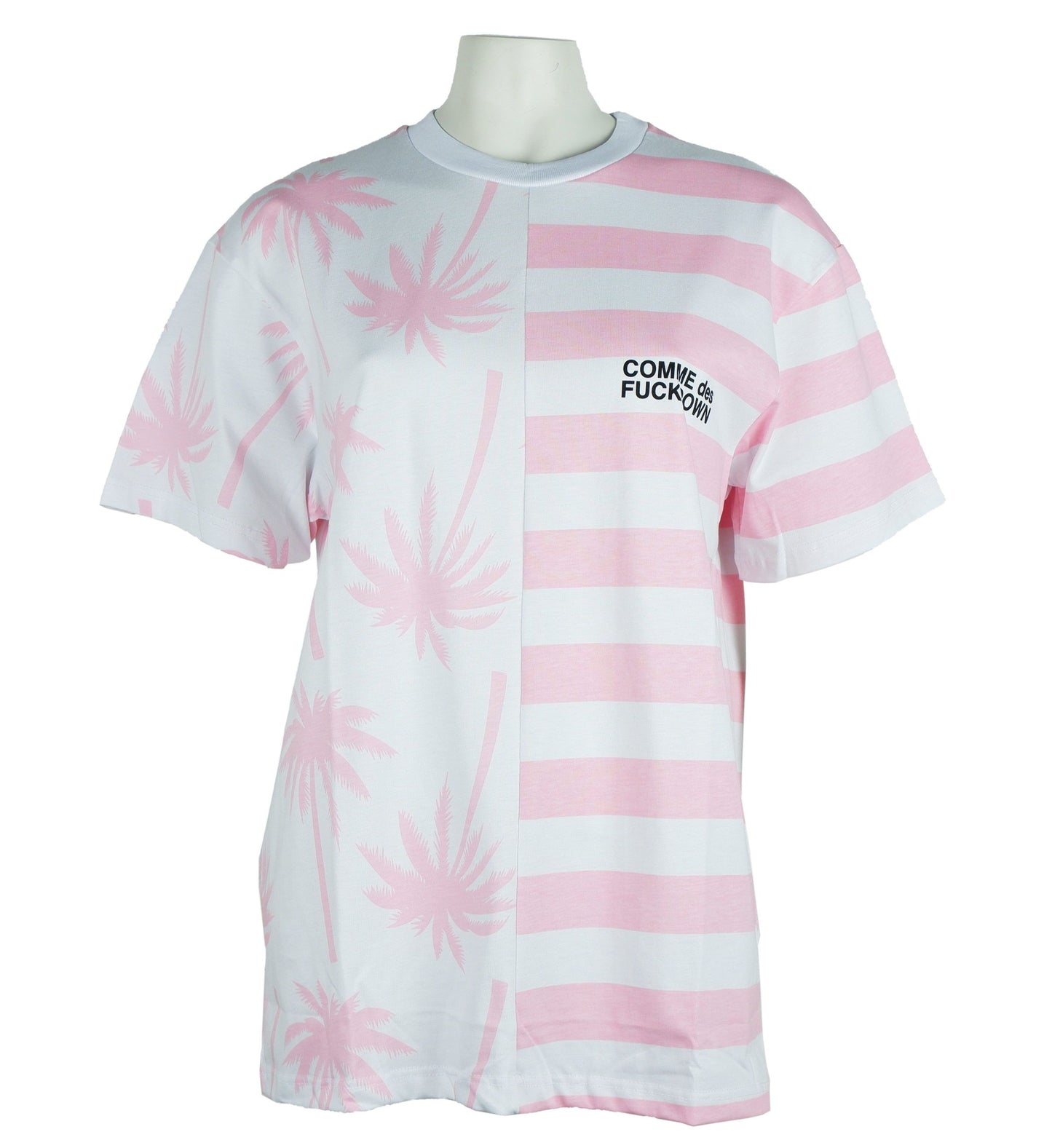 Chic Pink Striped Cotton Tee with Palm Motif