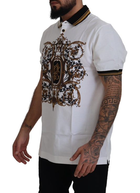 White Gold Baroque Print Cotton Polo T-Shirt
