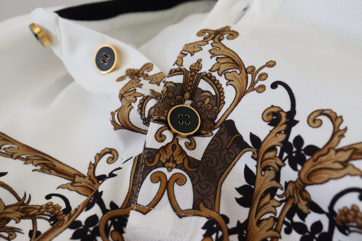 White Gold Baroque Print Cotton Polo T-Shirt