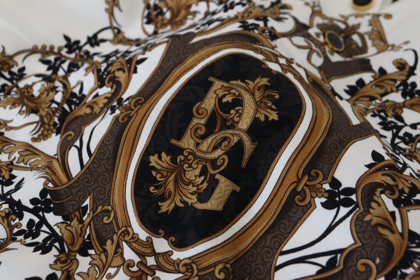 White Gold Baroque Print Cotton Polo T-Shirt