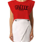 Chic Red Shoulder Pad Tee with Logo Accent