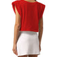 Chic Red Shoulder Pad Tee with Logo Accent