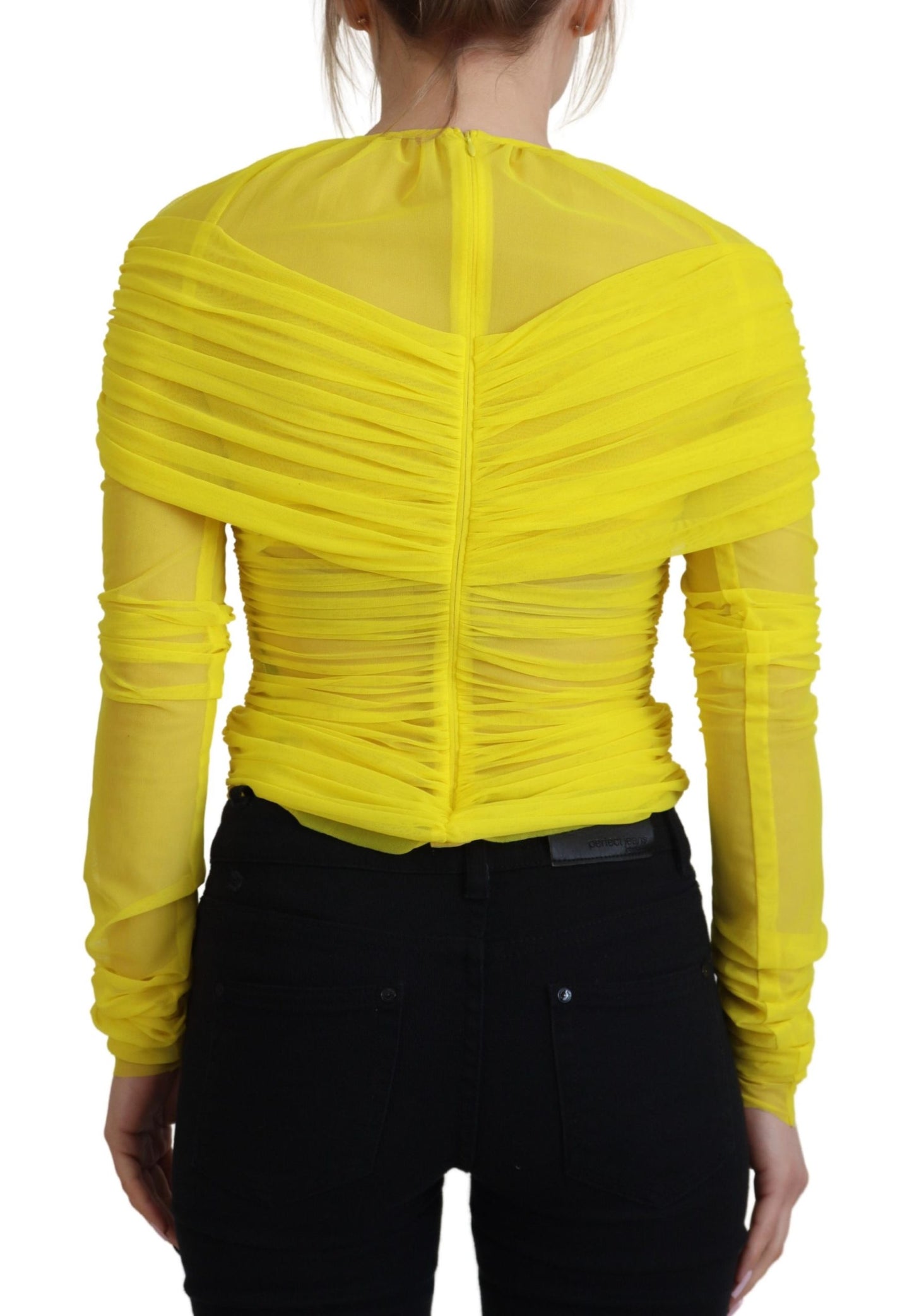 Chic Sheer Yellow Mesh Long Sleeve Top