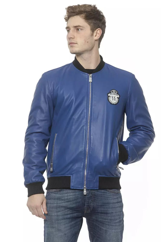 Blue Leather Men's Bomber Jacket