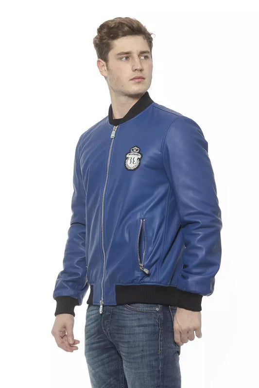 Blue Leather Men's Bomber Jacket