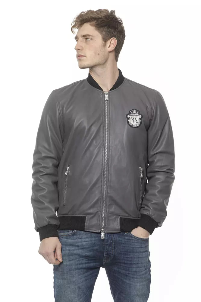Gray Leather Men's Bomber Jacket