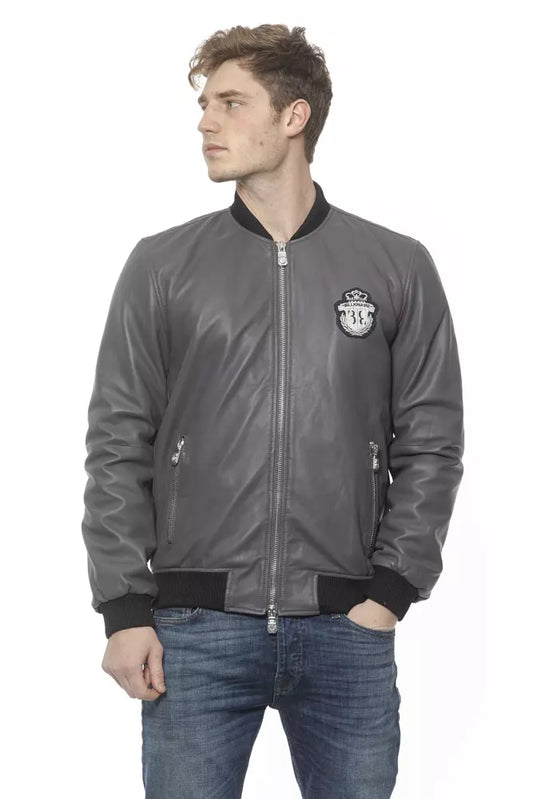 Gray Leather Men's Bomber Jacket