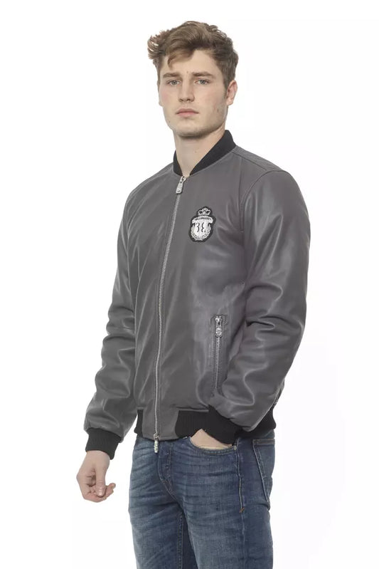 Gray Leather Men's Bomber Jacket