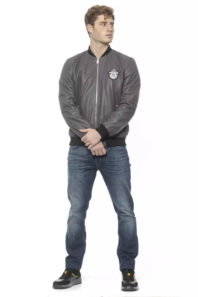 Gray Leather Men's Bomber Jacket