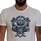 Elegant White Cotton Crown Print T-Shirt