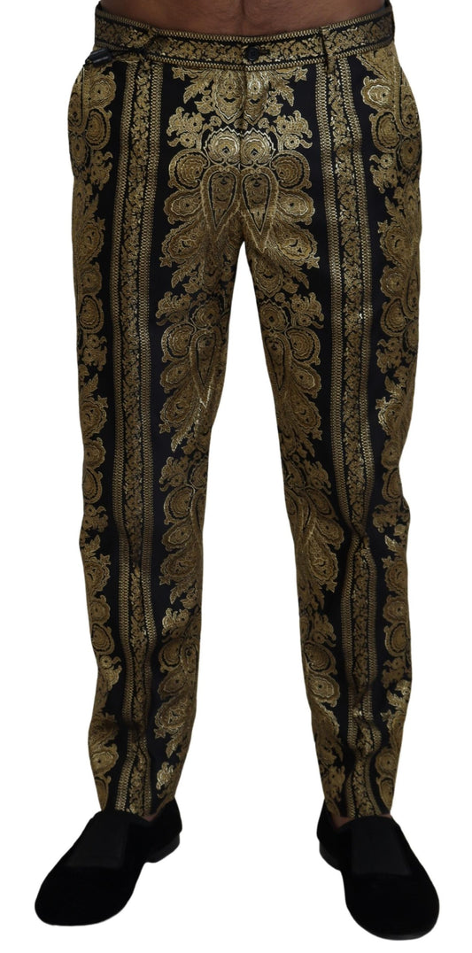 Elegant Jacquard Trousers in Gold Black