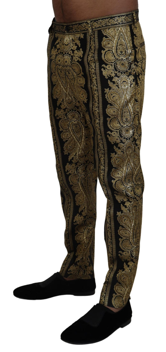Elegant Jacquard Trousers in Gold Black