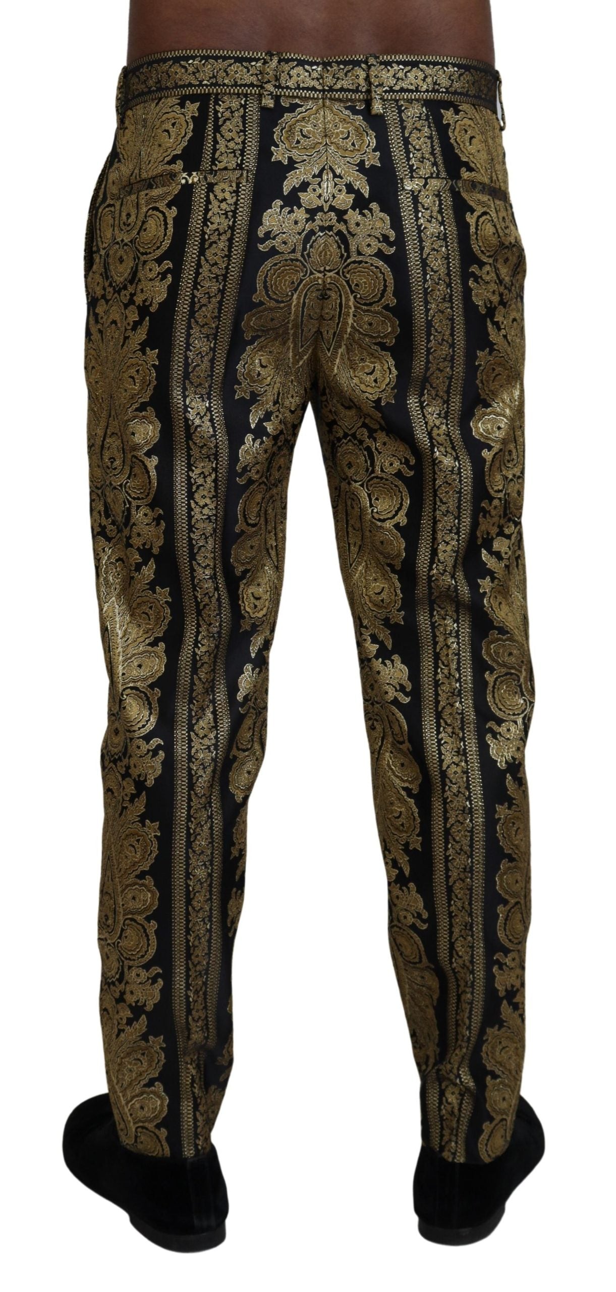 Elegant Jacquard Trousers in Gold Black