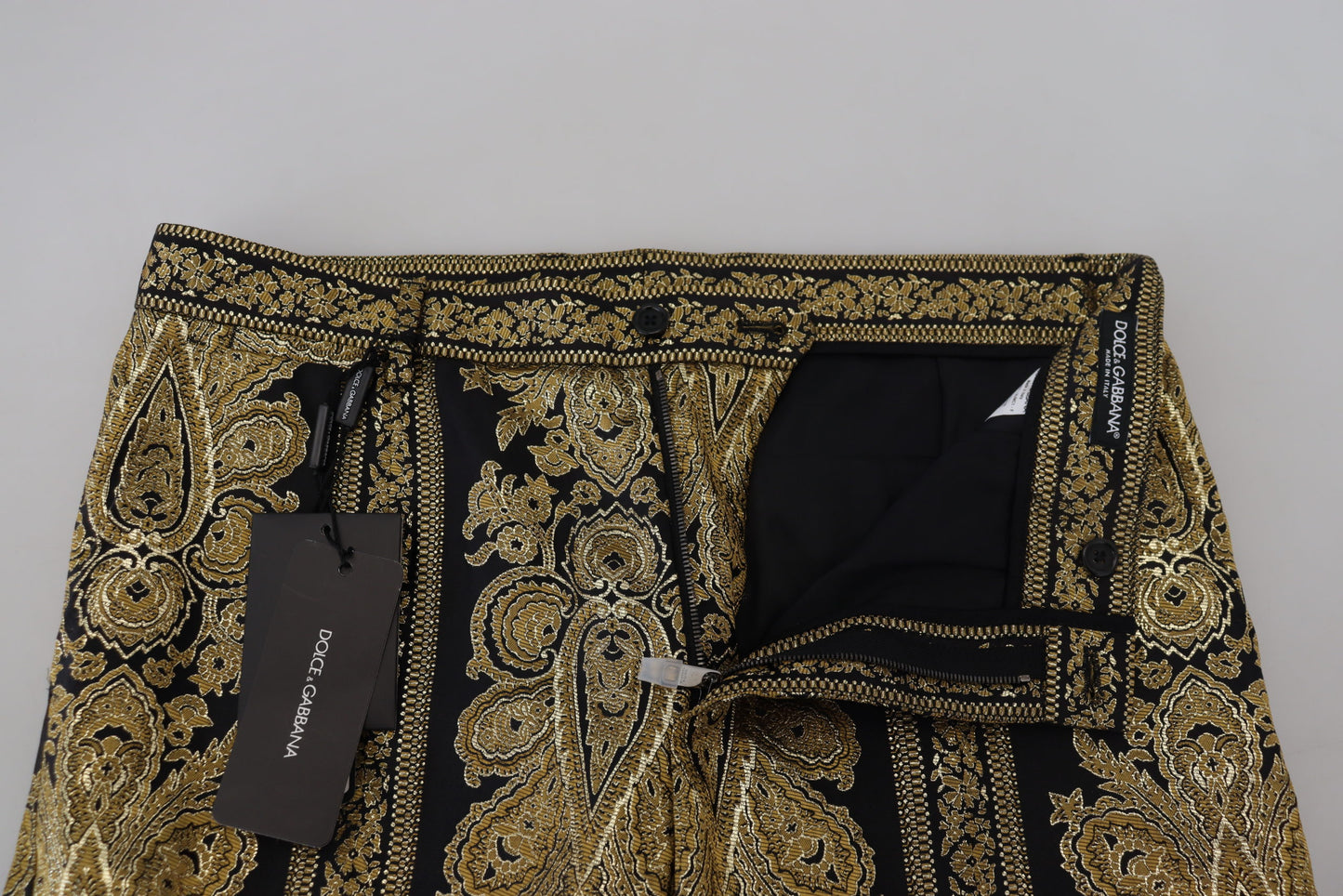 Elegant Jacquard Trousers in Gold Black