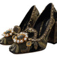 Golden Jacquard Brocade Square Toe Pumps