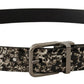 Black Marble Print Leather Silver Logo Buckle Belt