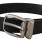 Elegant Black Leather Belt with Silver Tone Buckle
