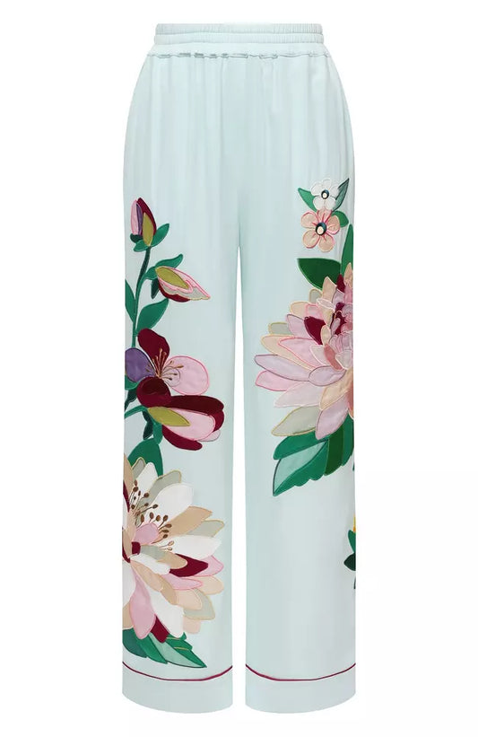 Floral Embroidered Silk Trousers