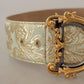 Engraved Buckle Leather Belt - Green & Gold