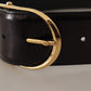 Elegant Black Leather Logo Belt
