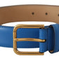 Elegant Blue Leather Belt with Engraved Buckle