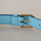 Elegant Sky Blue Leather Belt with Logo Buckle