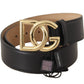 Elegant Black Leather Belt with Engraved Buckle