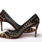 Brown Silver Leopard  Nappa And Mesh Studded High Heels Pumps