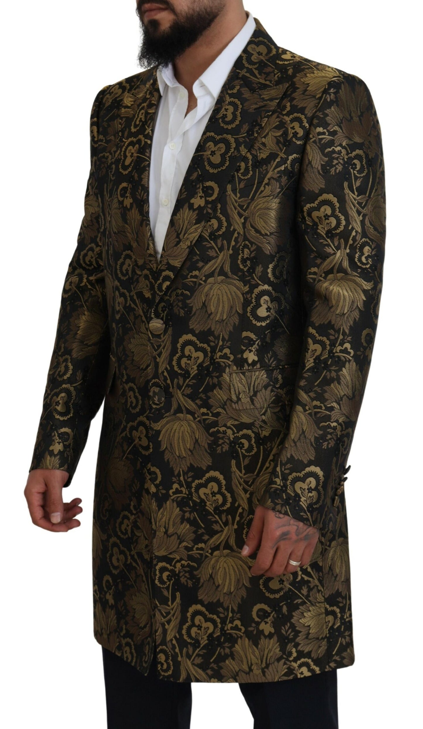 Opulent Black and Gold Jacquard Coat