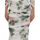 Elegant White Rose Print Midi Sheath Dress