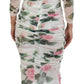 Elegant White Rose Print Midi Sheath Dress