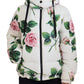 Elegant White Rose Print Zip Jacket