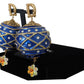 Gold Brass Blue Dangle Ball Crystal Clip On Earrings