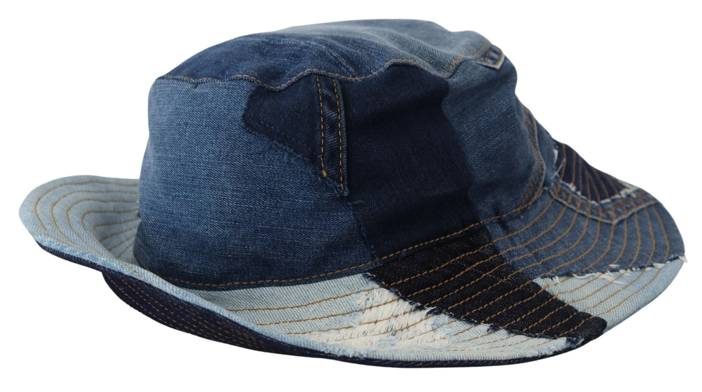 Elegant Patchwork Bucket Hat in Blue Cotton