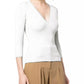 Chic V-Neck Ribbed Sweater with Quarter Sleeves