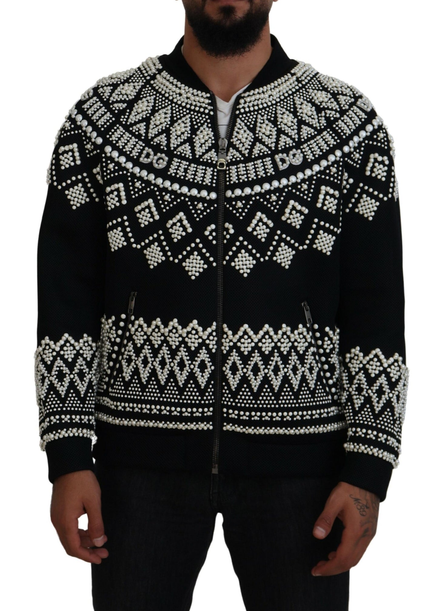 Embellished Black Cotton Zip Sweater