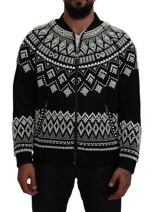Embellished Black Cotton Zip Sweater