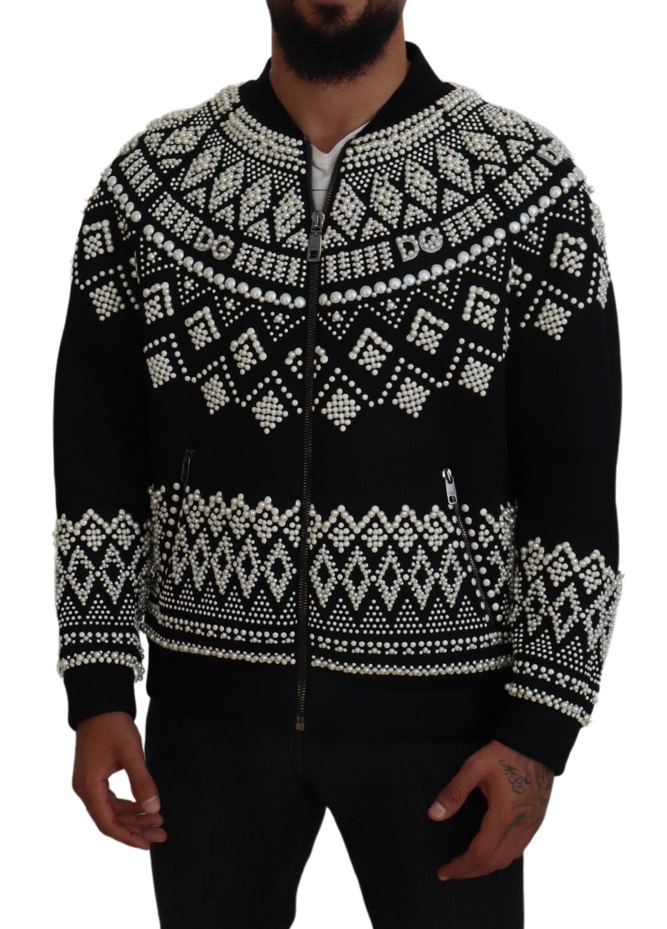 Embellished Black Cotton Zip Sweater