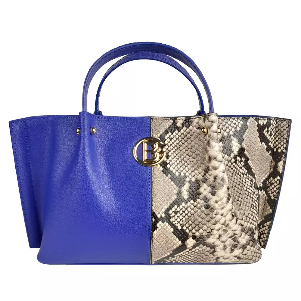 Chic Blue Calfskin Handbag with Python Print Detail