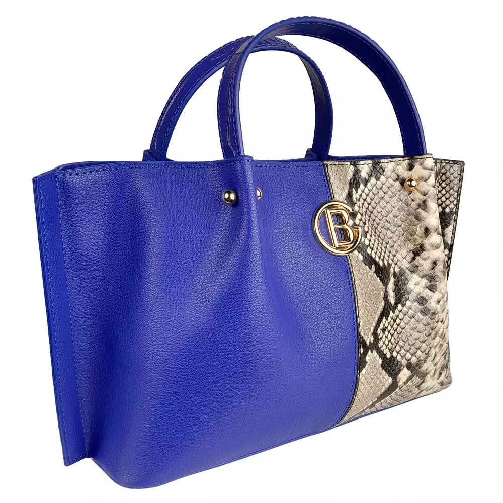 Chic Blue Calfskin Handbag with Python Print Detail