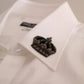 Elegant White Slim Fit Tuxedo Shirt with Crown Embroidery