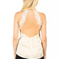 Floral Crepon Sleeveless Top with Macramé Lace Detail