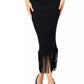 Chic Ribbed-Fringe Pencil Skirt in Black