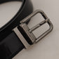 Sleek Black Leather Belt with Metallic Buckle