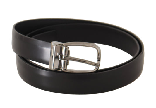 Elegant Black Leather Belt with Engraved Buckle