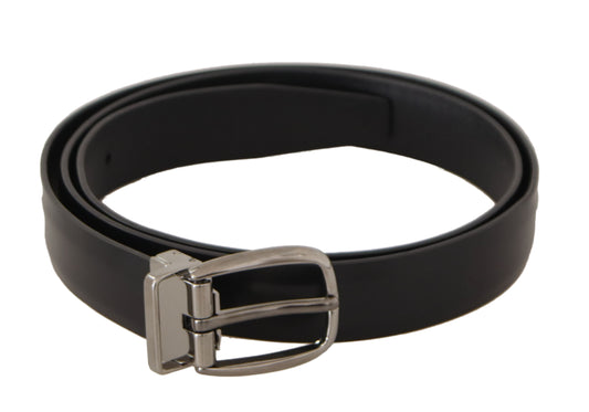 Elegant Black Leather Belt with Engraved Buckle