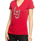 Rhinestone Beaded V-Neck Red Tee
