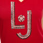 Rhinestone Beaded V-Neck Red Tee
